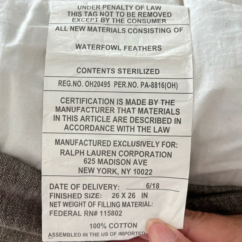 LRL Ralph Lauren 100% Cotton Euro Pillows Feather Inserts 26x26 Neutral Set of 2